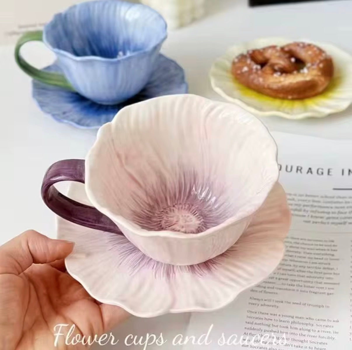 Hand-Painted Petal Ceramic Cup & Saucer Set – Pink – 8 oz