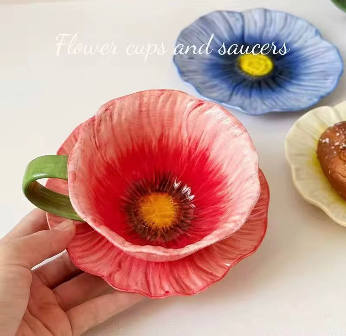 Hand-Painted Petal Ceramic Cup & Saucer Set – Red – 8 oz