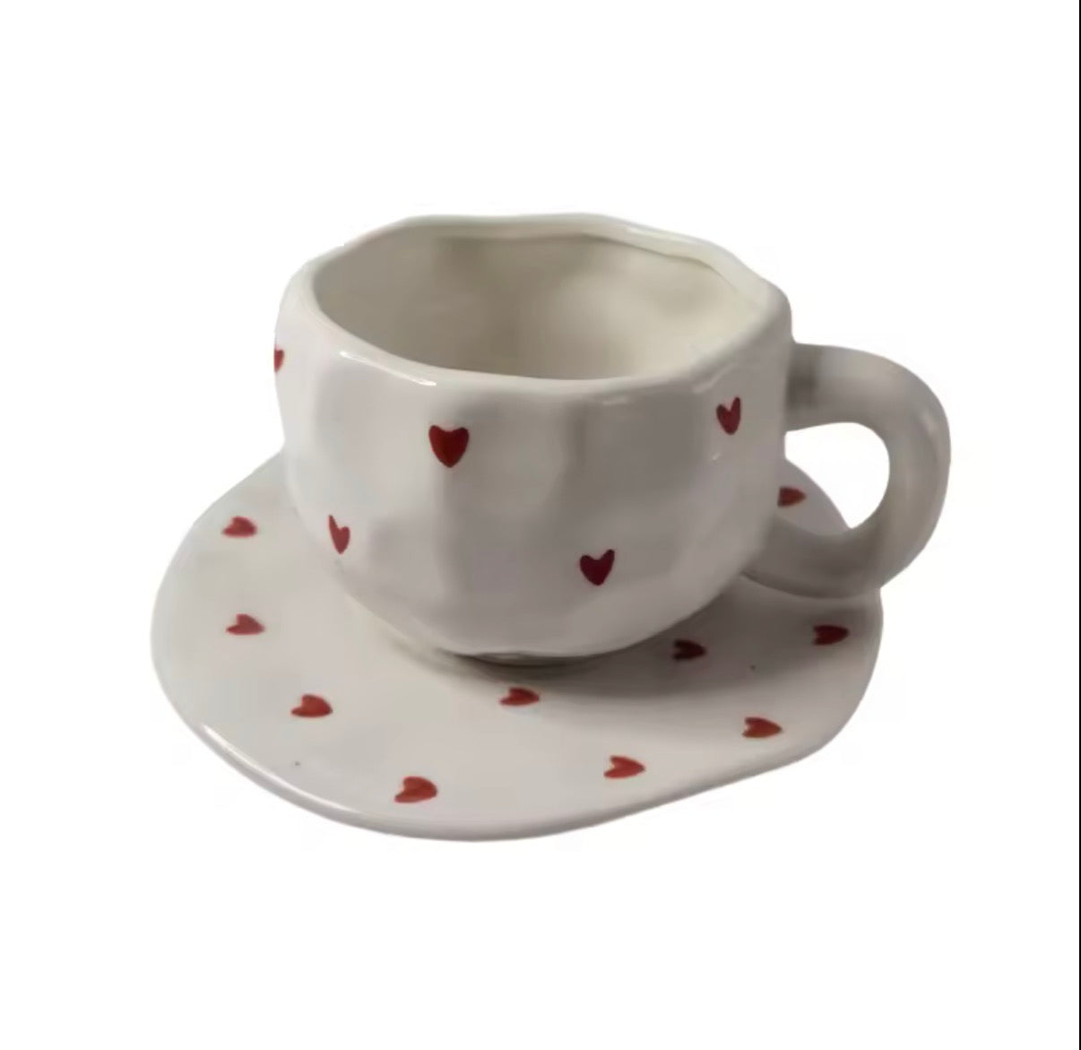 Cute Heart Ceramic Mug & Saucer Set – Red – 10 oz