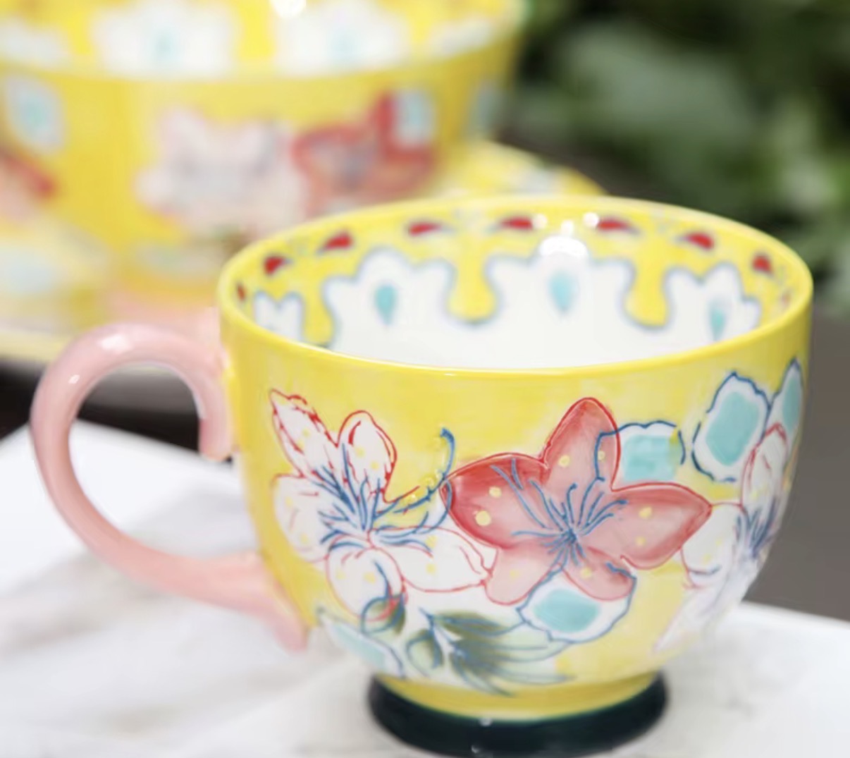 Handmade Floral Ceramic Mug for Coffee, Milk & Soup – Yellow- 14 oz
