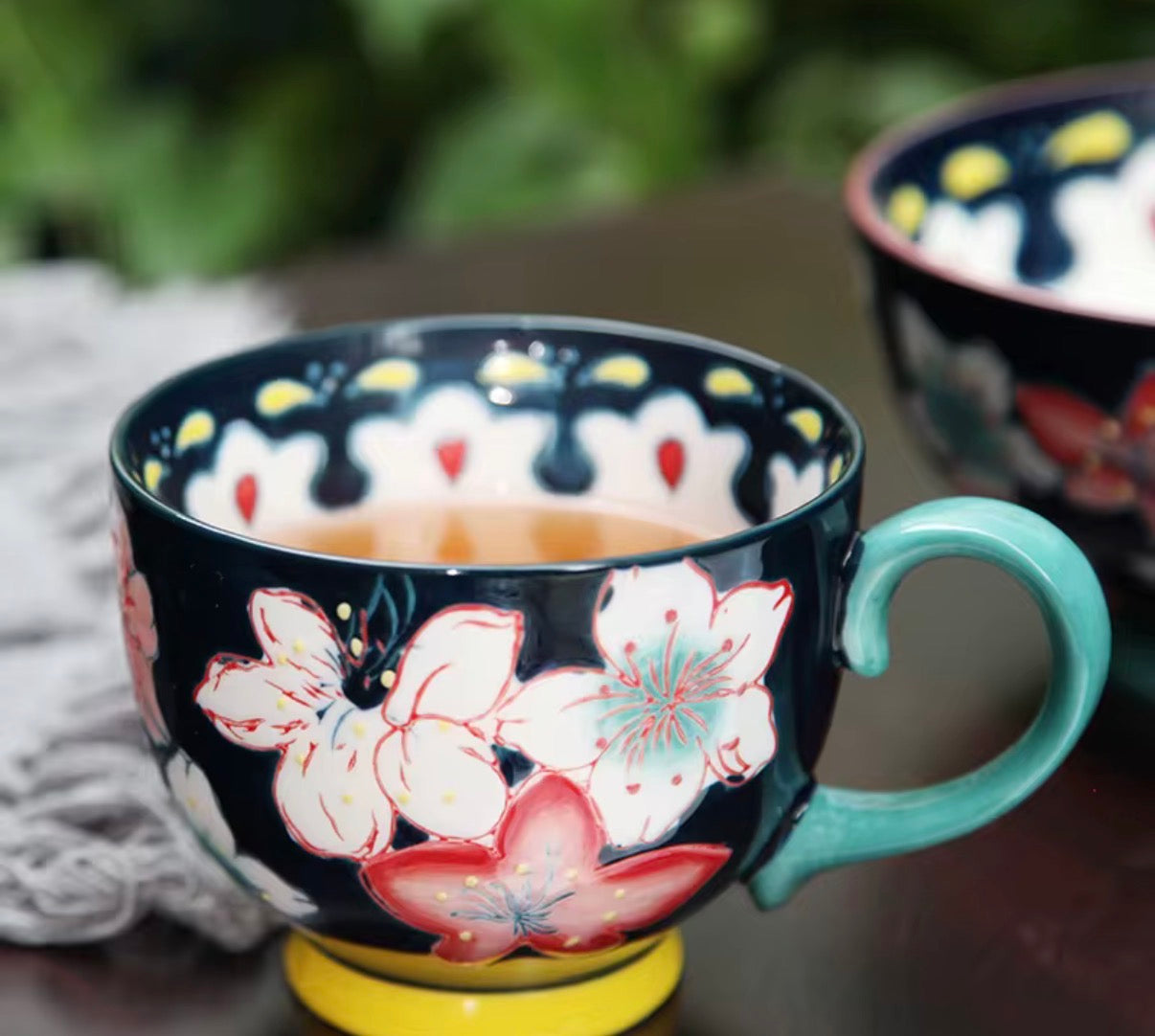 Handmade Floral Ceramic Mug for Coffee, Milk & Soup - Navy Blue – 14 oz