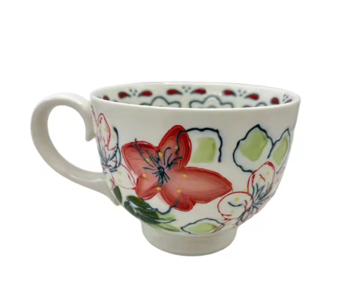Handmade Floral Ceramic Mug for Coffee, Milk & Soup - White – 14 oz