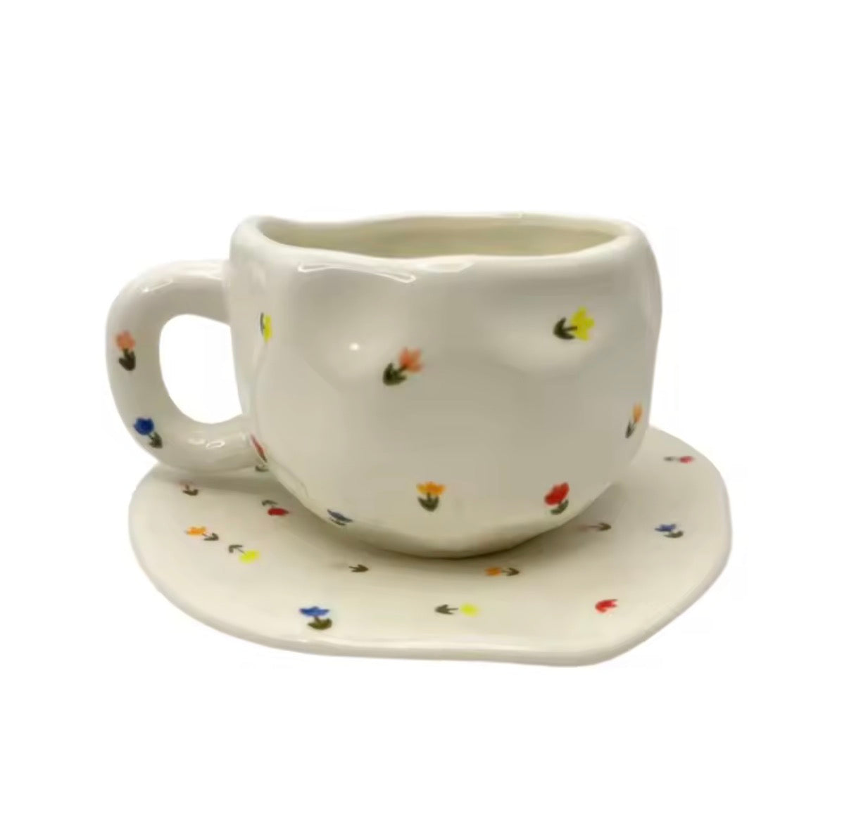 Mini Floral Ceramic Mug & Saucer Set – 10 oz