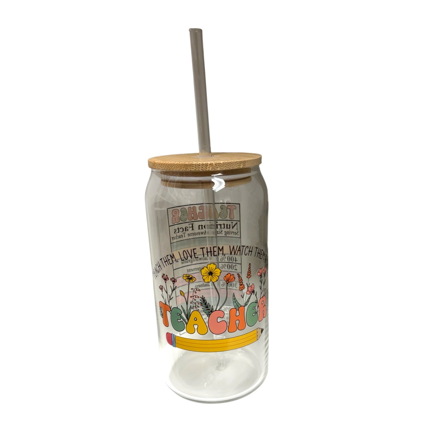 Teacher Glass Cup with Bamboo Lid and Straw