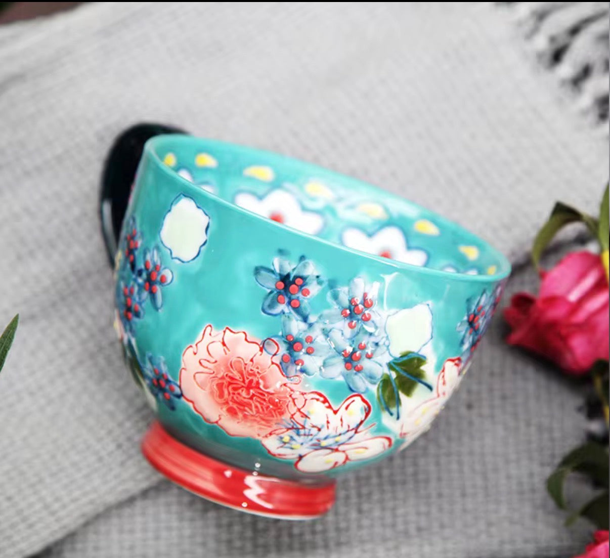 Handmade Floral Ceramic Mug for Coffee, Milk & Soup - Blue – 14 oz