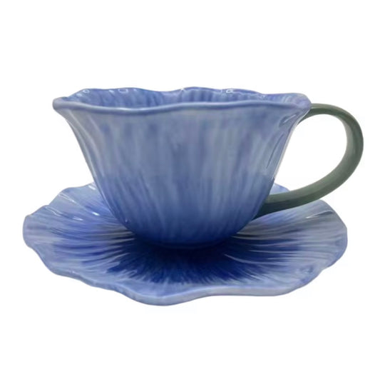 Hand-Painted Petal Ceramic Cup & Saucer Set – Blue – 8 oz