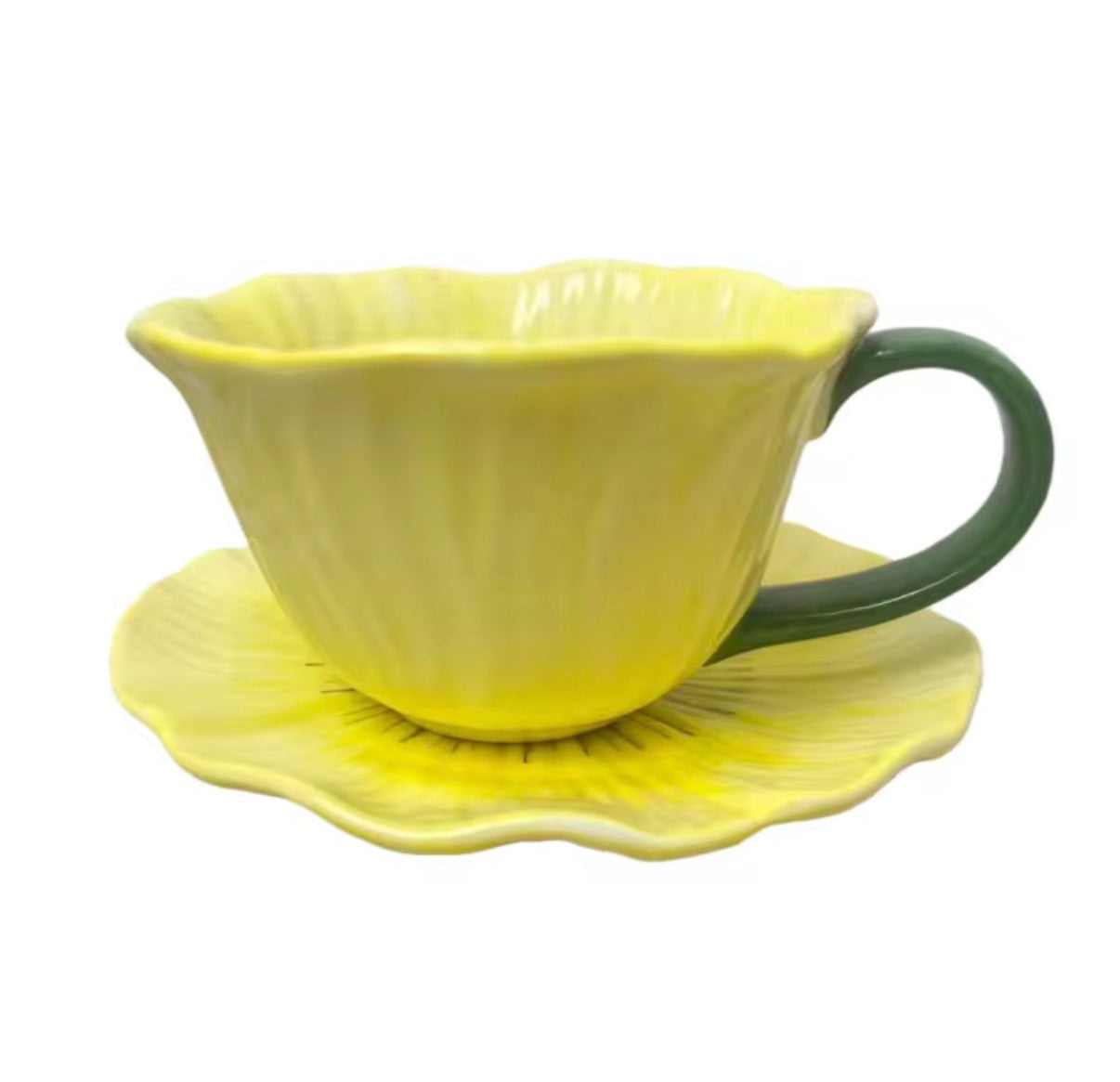 Hand-Painted Petal Ceramic Cup & Saucer Set – Yellow– 8 oz