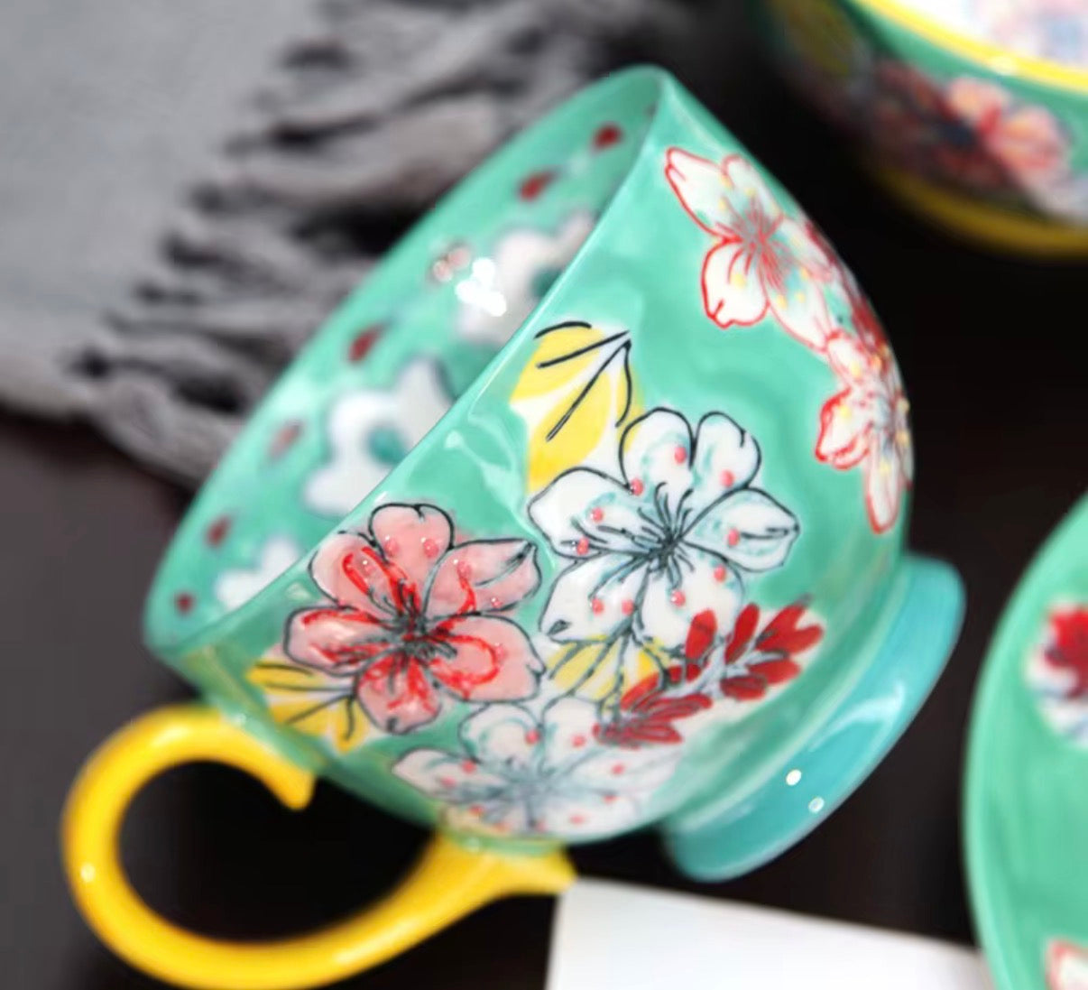 Handmade Floral Ceramic Mug for Coffee, Milk & Soup - Blue and yellow – 14 oz