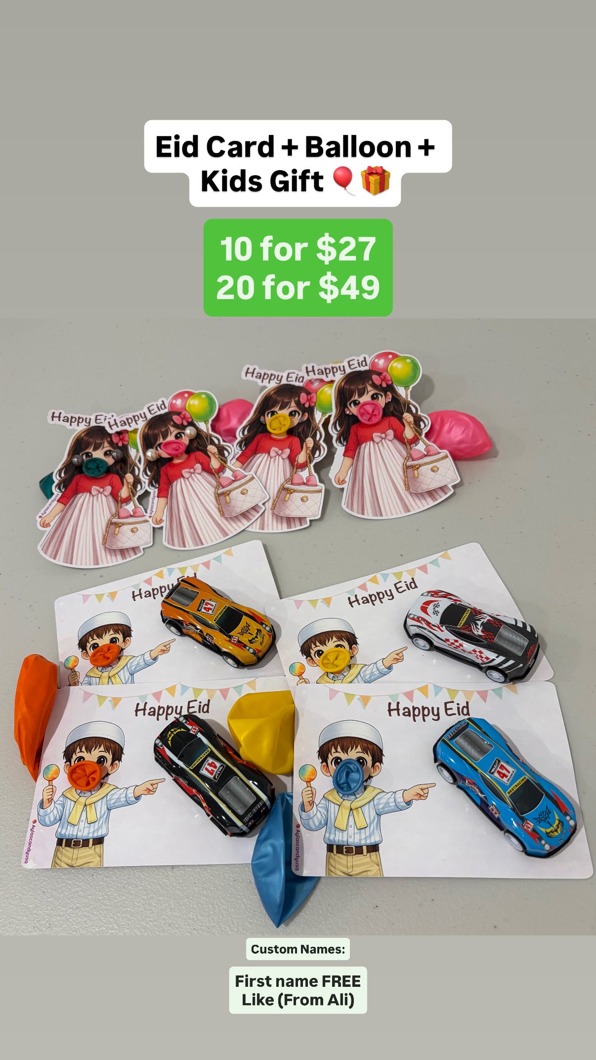 Boy and girl card with mini gift and balloon