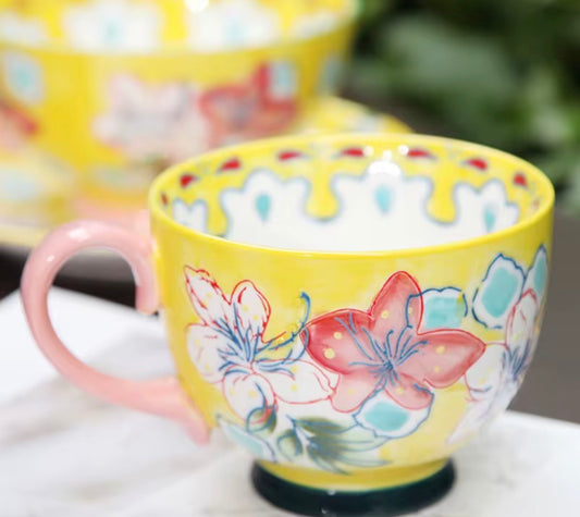 Handmade Floral Ceramic Mug for Coffee, Milk & Soup – Yellow- 14 oz