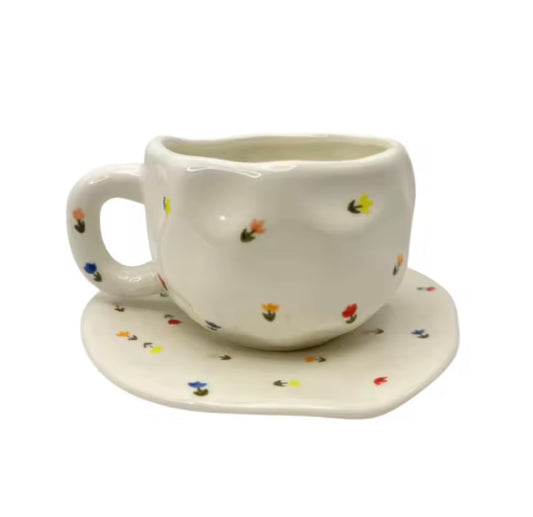 Mini Floral Ceramic Mug & Saucer Set – 10 oz