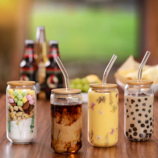 Glass Cup with Bamboo Lid and Straw